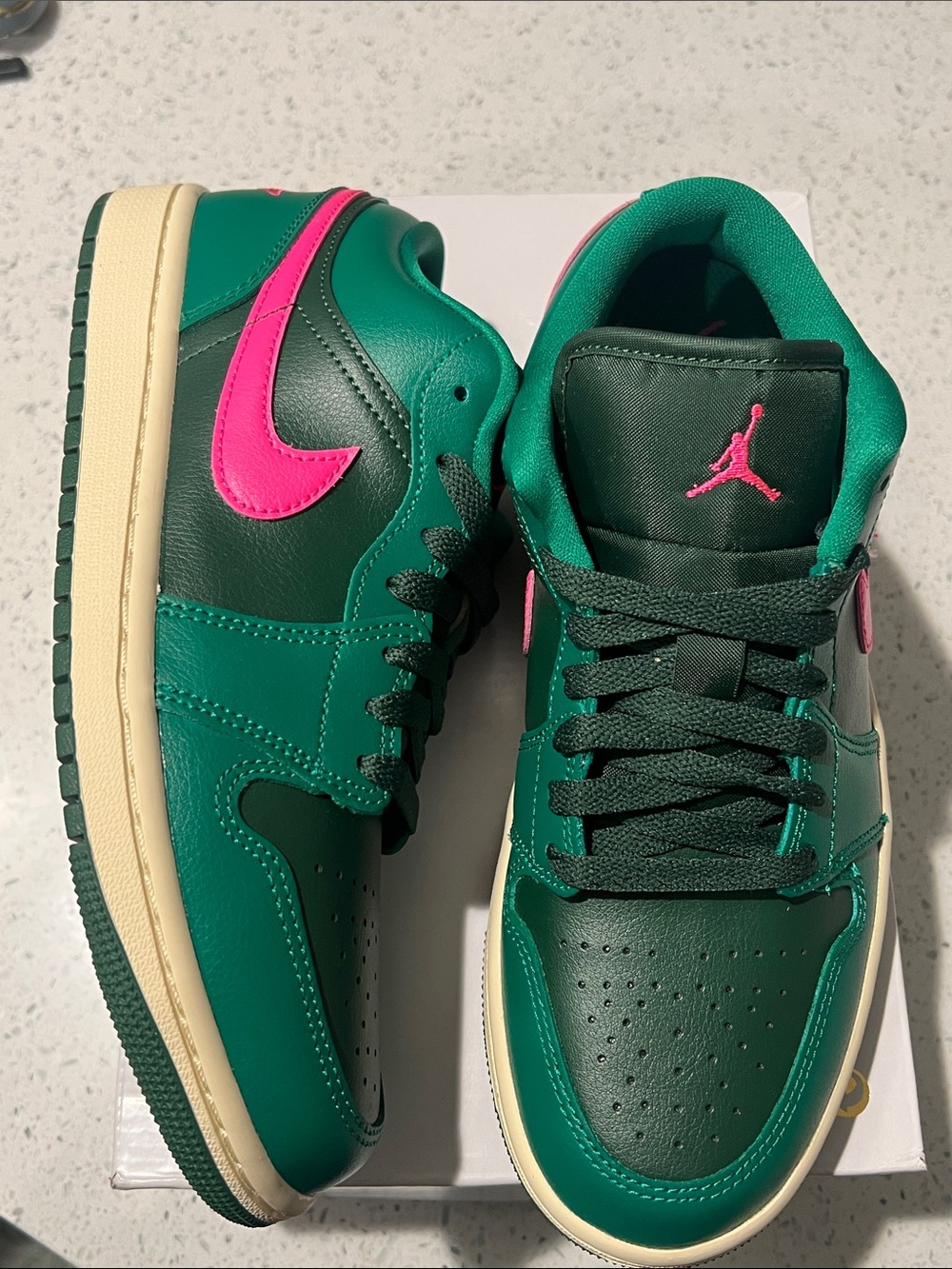 Air Jordan 1 Low Top Sneakers — Green with Pink Swoosh